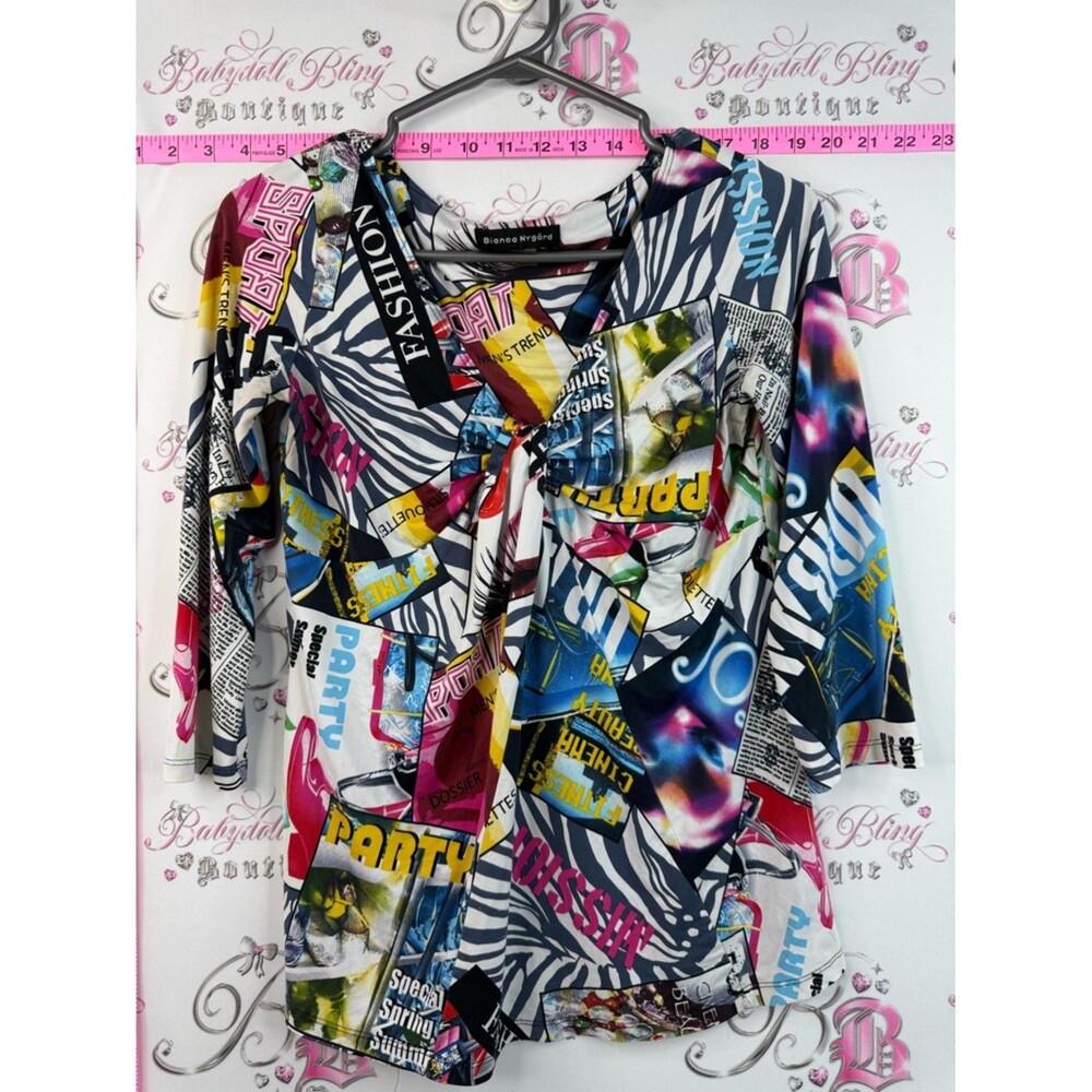 Bianca Nygard shirt comic magazine Women's Multicolor Graphic Tie-Neck Blouse